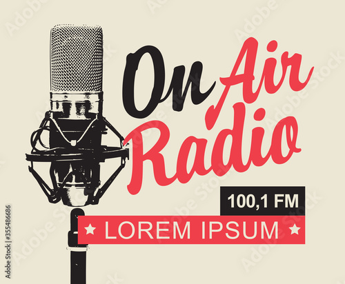On air Radio broadcasting FM concept. Vector banner for radio station with a microphone, inscription and place for text in retro style. Suitable for poster, advertising, flyer