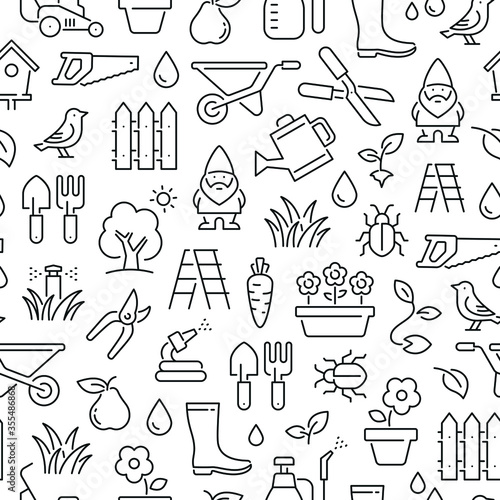 Seamless pattern with gardening. Black and white thin line icons