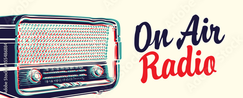 On air Radio broadcasting FM concept. Vector banner for radio station with a microphone, inscription and place for text in retro style. Suitable for poster, advertising, flyer