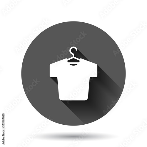 Tshirt icon in flat style. Casual clothes vector illustration on black round background with long shadow effect. Polo wear circle button business concept.