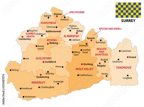 administrative vector map of the english county surrey with flag
