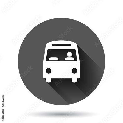 Bus icon in flat style. Coach vector illustration on black round background with long shadow effect. Autobus vehicle circle button business concept.