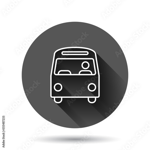 Bus icon in flat style. Coach vector illustration on black round background with long shadow effect. Autobus vehicle circle button business concept.