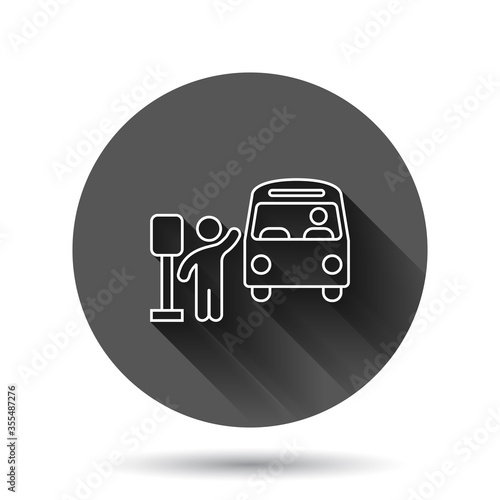 Bus station icon in flat style. Auto stop vector illustration on black round background with long shadow effect. Autobus vehicle circle button business concept.