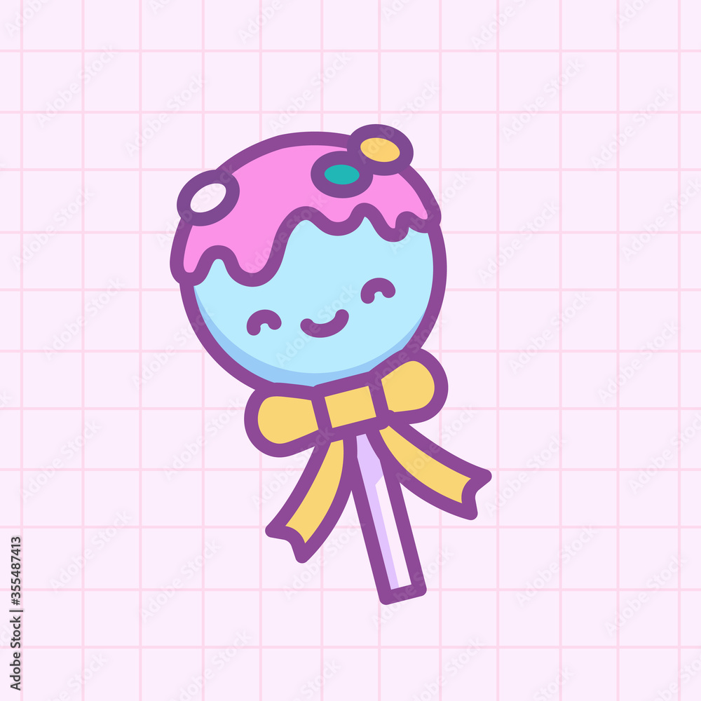 Vector illustration cute kawaii food sweet cake pop with smile face and bow  in doodle cartoon 80s style for icon, logo, symbol, print, patch or sticker  vector de Stock | Adobe Stock