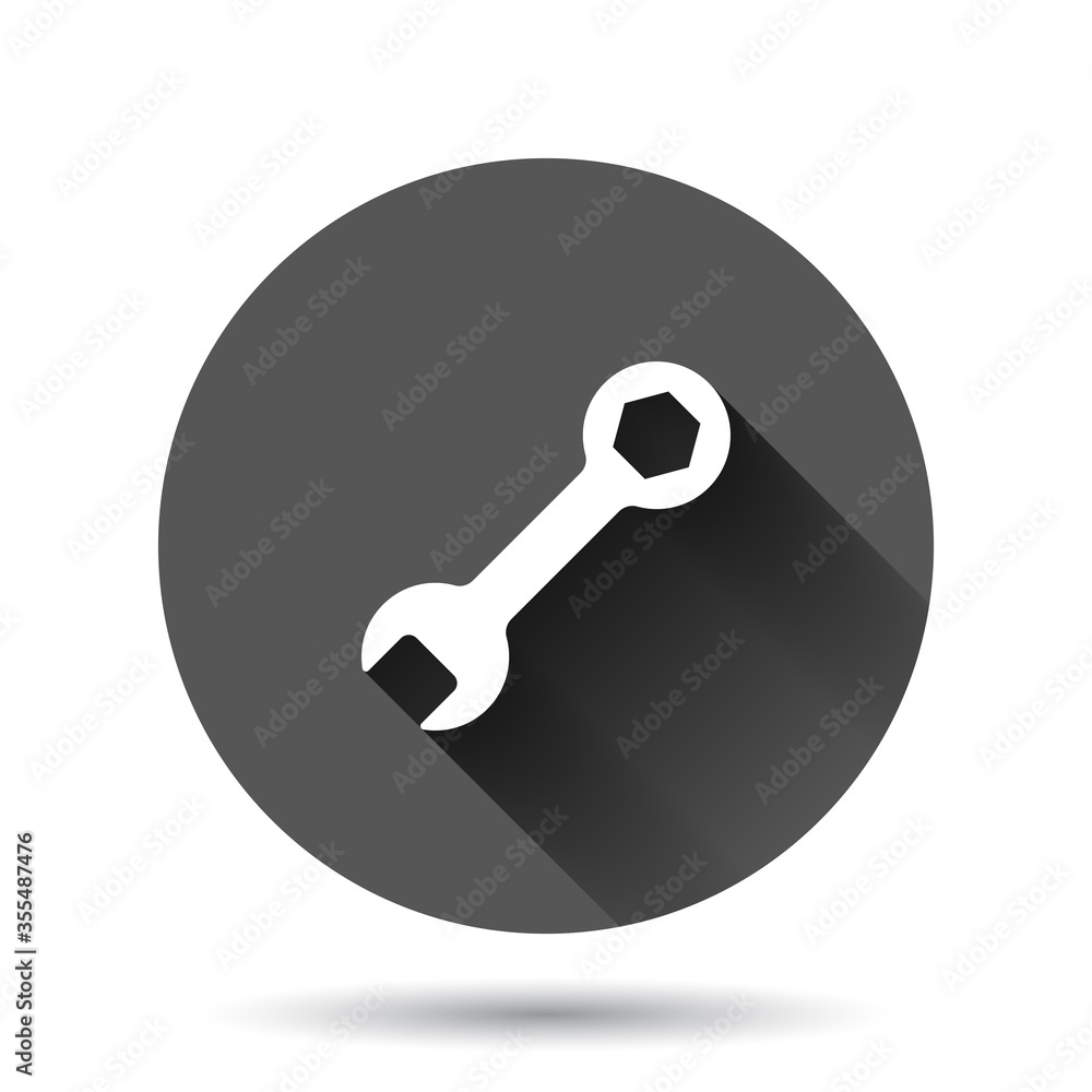 Wrench icon in flat style. Spanner key vector illustration on black round background with long shadow effect. Repair equipment circle button business concept. Wrench icon in flat style. Spanner key vector illustration on black round background with long shadow effect. Repair equipment circle button business concept.