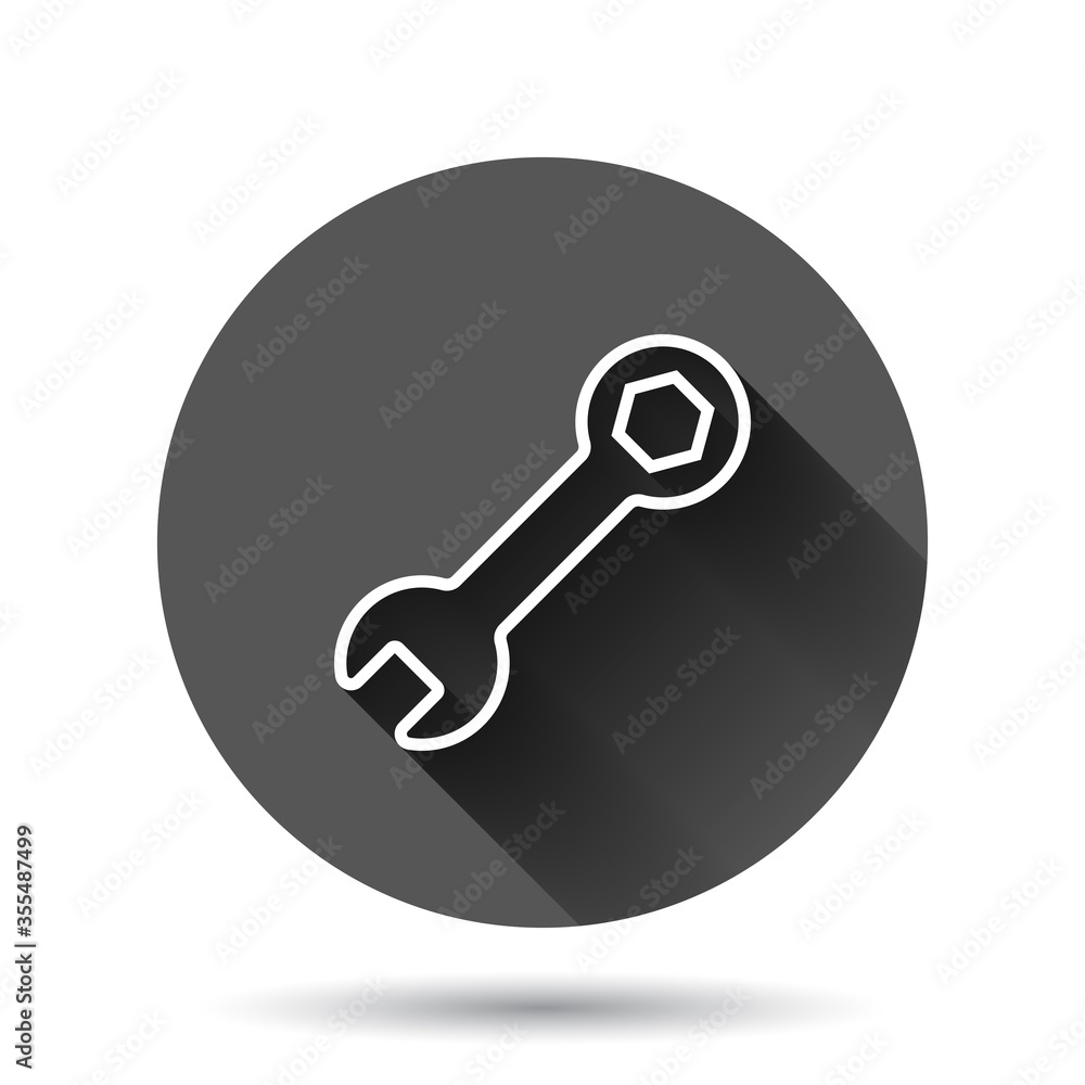 Wrench icon in flat style. Spanner key vector illustration on black round background with long shadow effect. Repair equipment circle button business concept. Wrench icon in flat style. Spanner key vector illustration on black round background with long shadow effect. Repair equipment circle button business concept.