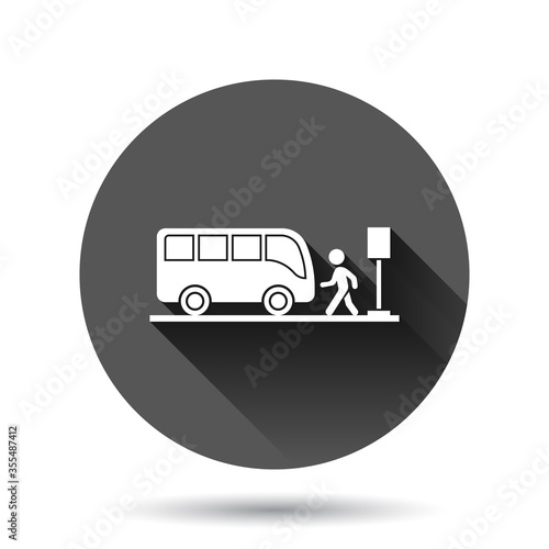 Bus station icon in flat style. Auto stop vector illustration on black round background with long shadow effect. Autobus vehicle circle button business concept.