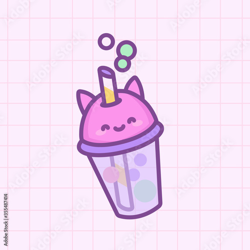 Vector illustration cute kawaii pink bubble tea with straw and cat ears for girl on checkered background in 80s-90s style. For sticker, kids and teenager print, icon and logo