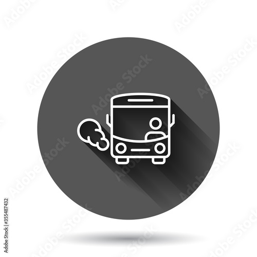 Bus icon in flat style. Coach vector illustration on black round background with long shadow effect. Autobus vehicle circle button business concept.