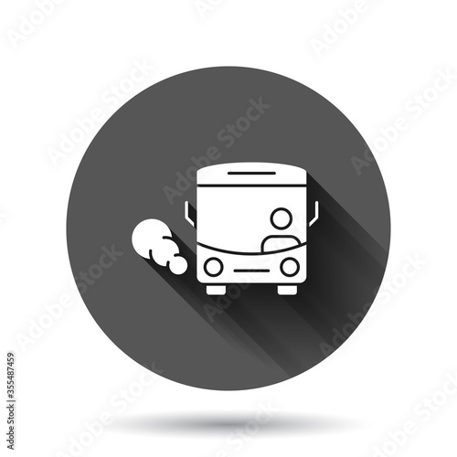 Bus icon in flat style. Coach vector illustration on black round background with long shadow effect. Autobus vehicle circle button business concept.