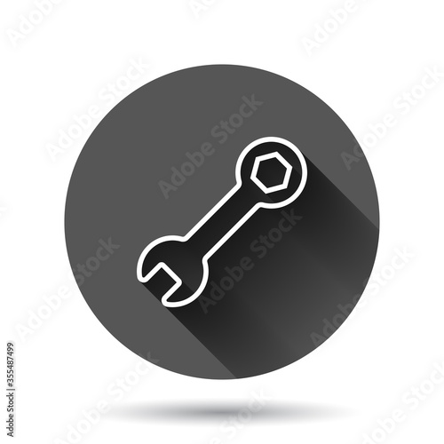 Wrench icon in flat style. Spanner key vector illustration on black round background with long shadow effect. Repair equipment circle button business concept.