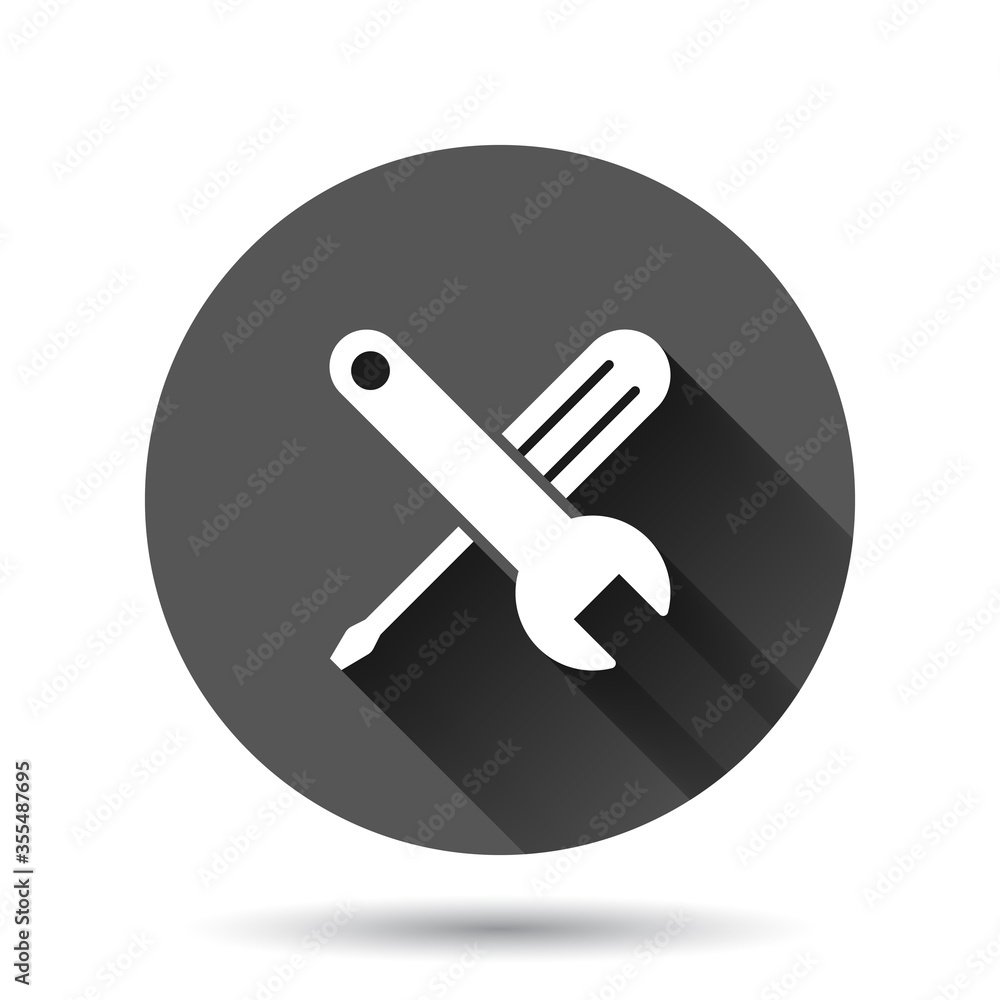 Wrench icon in flat style. Spanner key vector illustration on black round background with long shadow effect. Repair equipment circle button business concept. Wrench icon in flat style. Spanner key vector illustration on black round background with long shadow effect. Repair equipment circle button business concept.