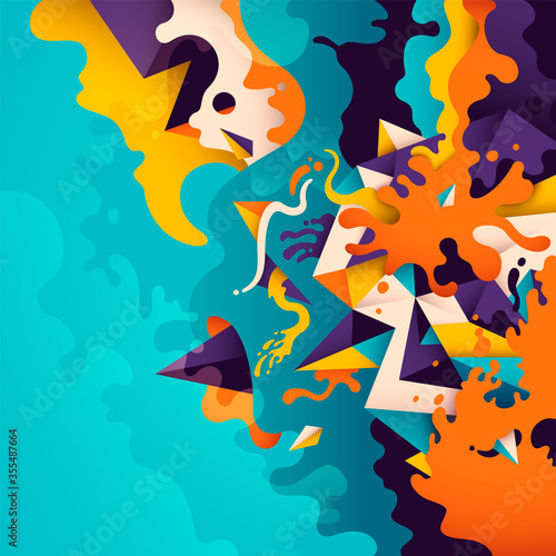 Abstract illustration with composition made of geometric and splattered shapes in various colors. Vector illustration.