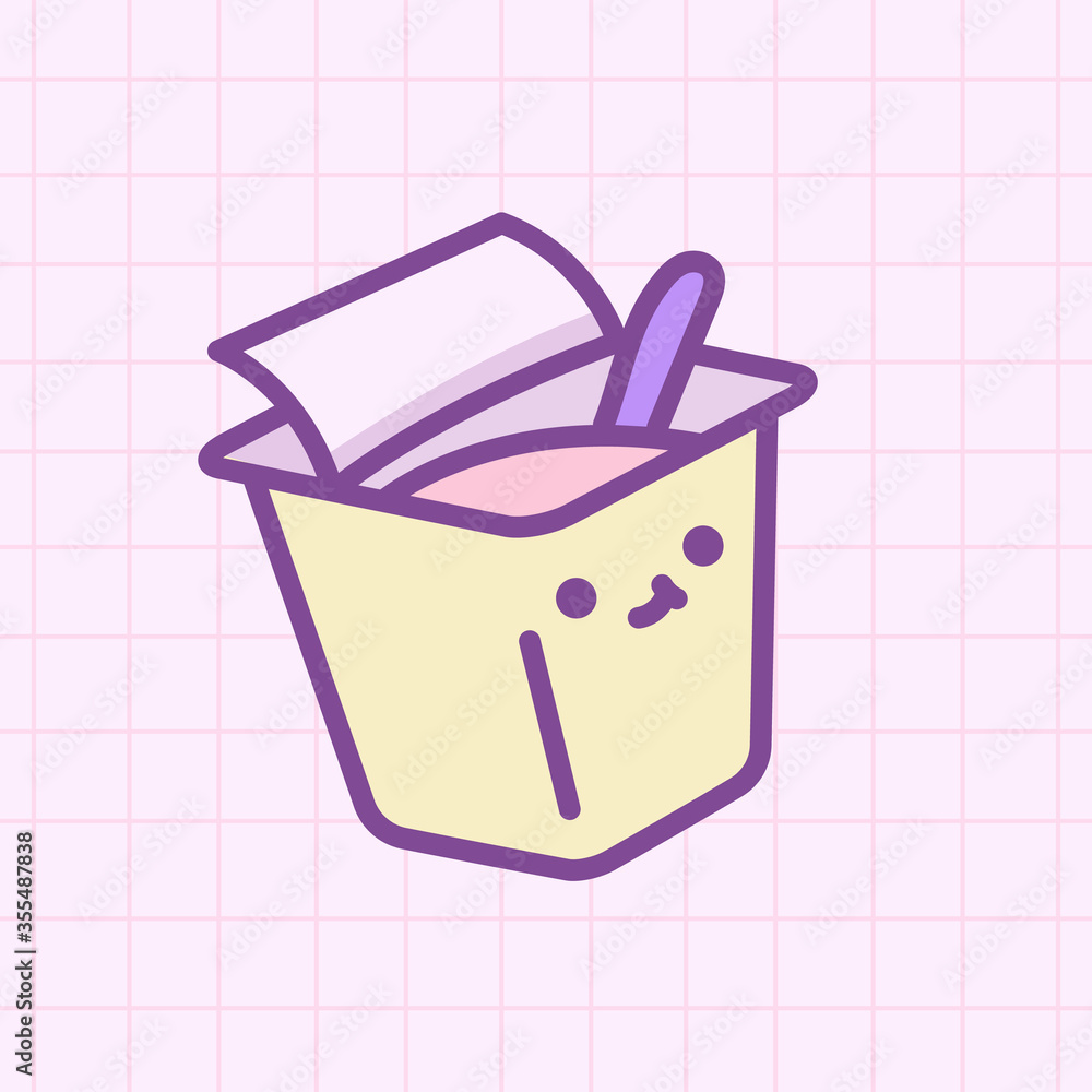 Vector illustration cute kawaii food tasty yogurt with smile face and spoon in doodle cartoon for icon, logo, symbol, print, patch or sticker Vector illustration cute kawaii food tasty yogurt with smile face and spoon in doodle cartoon for icon, logo, symbol, print, patch or sticker