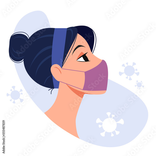Vector flat style isolated illustration young brunet woman in medical face mask with coronavirus (). Concept of quarantine