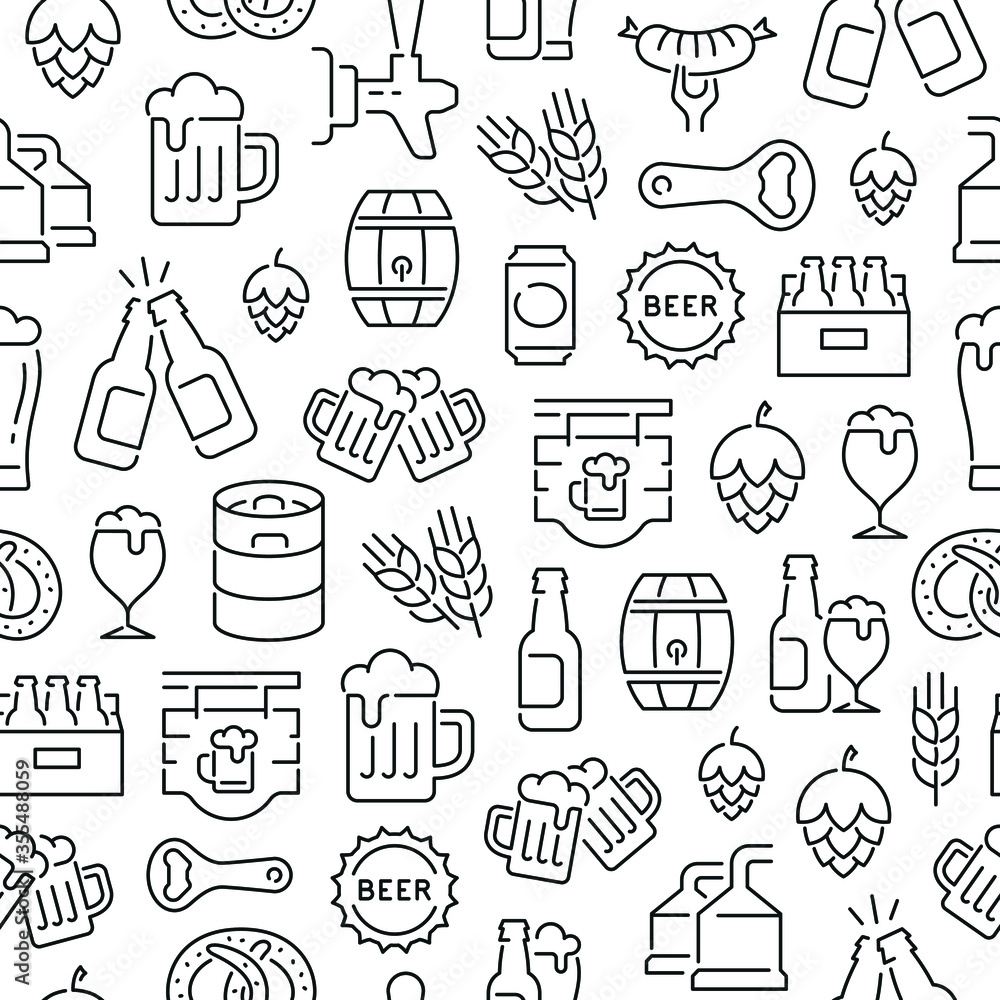 Seamless pattern with beer. Black and white thin line icons Seamless pattern with beer. Black and white thin line icons