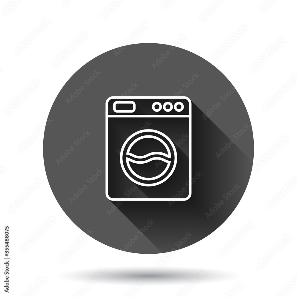 Washing machine icon in flat style. Washer vector illustration on black round background with long shadow effect. Laundry circle button business concept. Washing machine icon in flat style. Washer vector illustration on black round background with long shadow effect. Laundry circle button business concept.