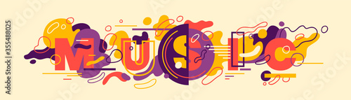 Abstract style music banner design with typography and colorful fluid shapes. Vector illustration.