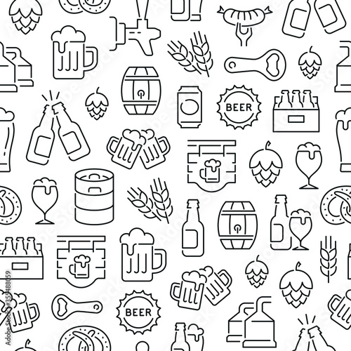 Seamless pattern with beer. Black and white thin line icons