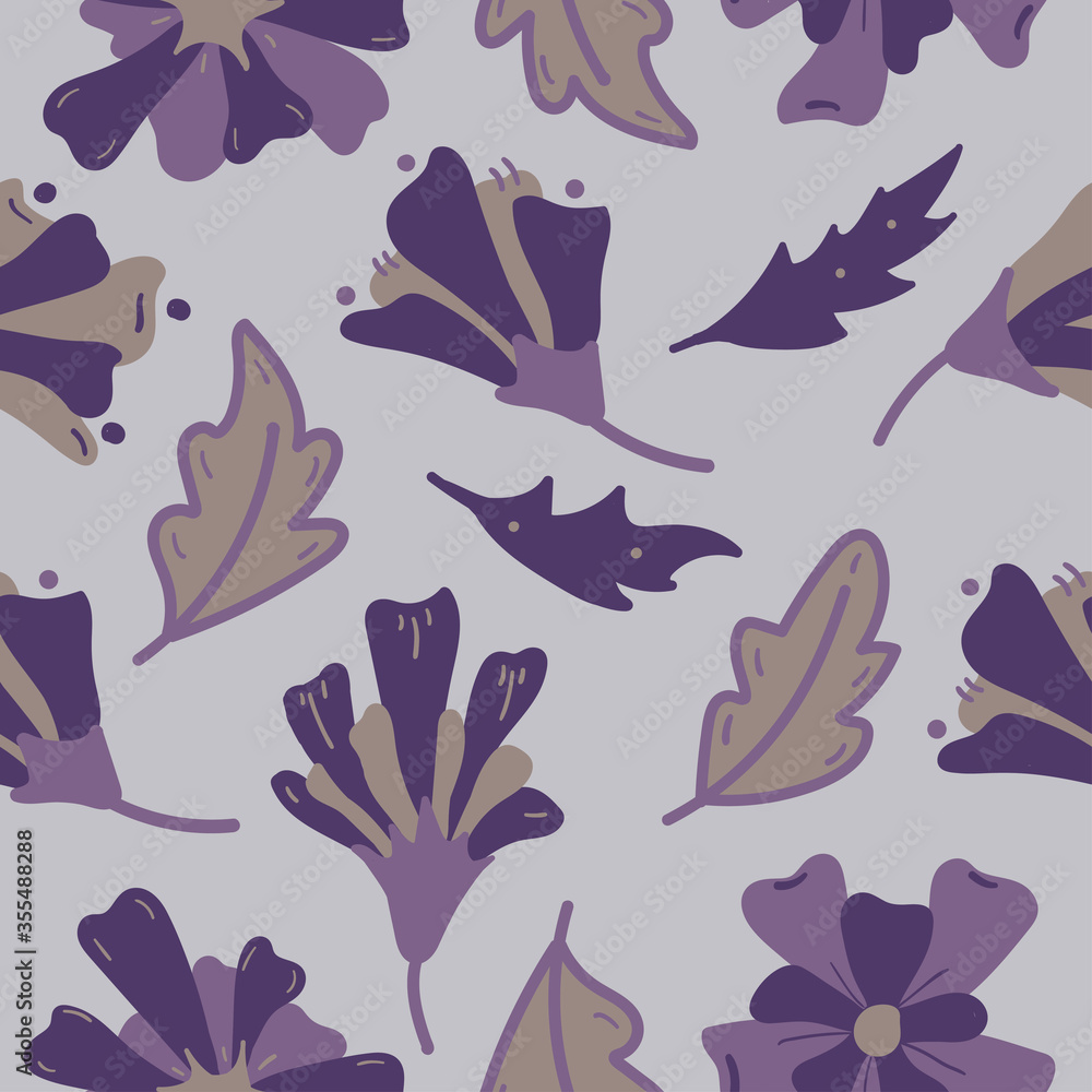Purple flowers botanical hand drawn texture for design. Vector organic motive seamless pattern on yellow background. Purple flowers botanical hand drawn texture for design. Vector organic motive seamless pattern on yellow background.