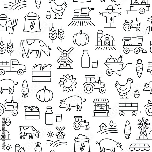 Seamless pattern with farming and agriculture. Black and white thin line icons