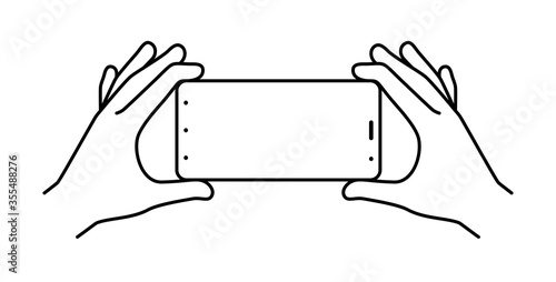 Hands holding smartphone on a white background, vector illustration. line icons, sign, pattern