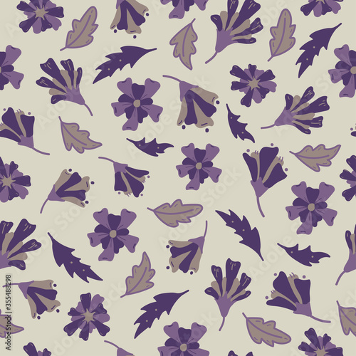 Purple flowers botanical hand drawn texture for design. Vector organic motive seamless pattern on yellow background. 