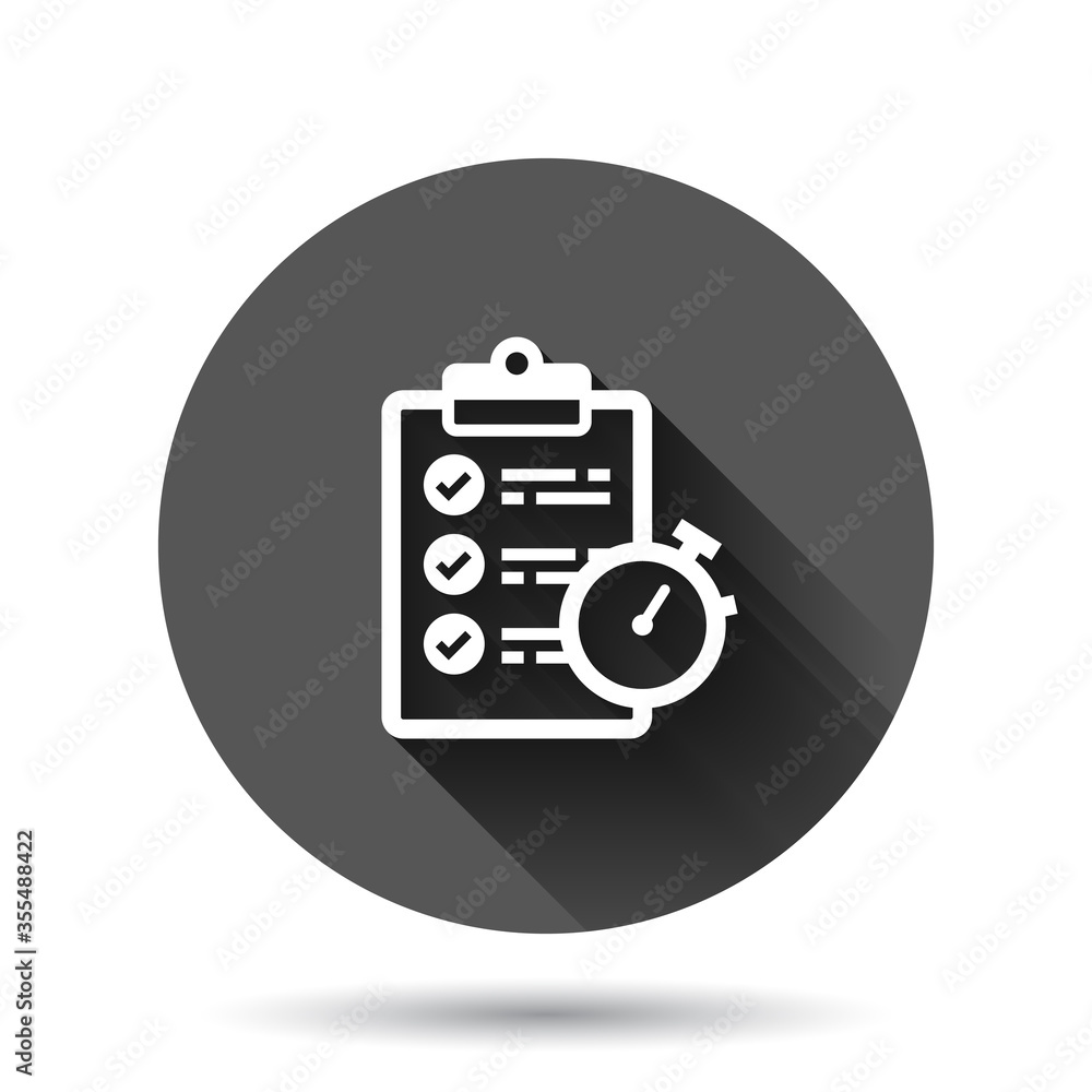 Document checklist icon in flat style. Report vector illustration on black round background with long shadow effect. Paper sheet circle button business concept. Document checklist icon in flat style. Report vector illustration on black round background with long shadow effect. Paper sheet circle button business concept.