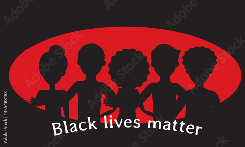 Black lives matter. Silhouette of a group of people. Protest against racial discrimination of people. Vector illustration. Red,black, and white colors. Isolated object on a white background.