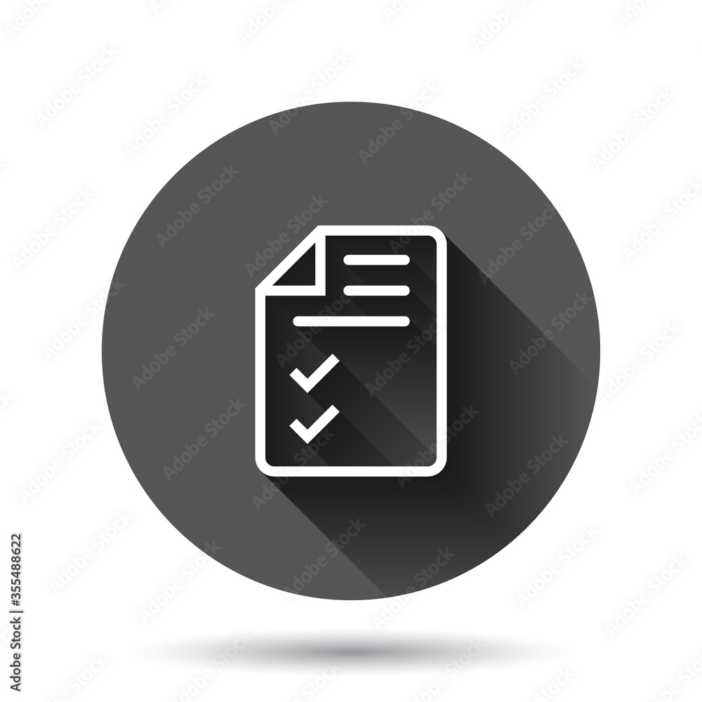 Document checklist icon in flat style. Report vector illustration on black round background with long shadow effect. Paper sheet circle button business concept. Document checklist icon in flat style. Report vector illustration on black round background with long shadow effect. Paper sheet circle button business concept.