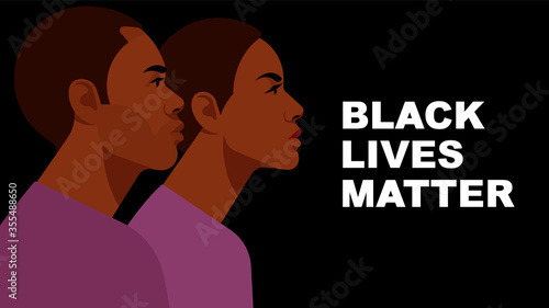 Black Lives Matter. Young Americans:  female and male face silhouette. Black citizens are fighting for social equality, against racism, violence, corruption. Black background.