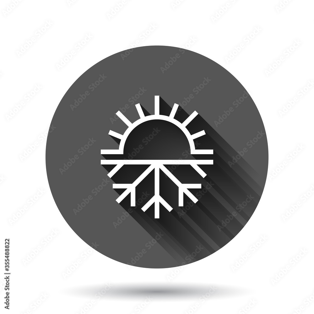 Snowflake and sun icon in flat style. Climate control vector illustration on black round background with long shadow effect. Hot, cold temperature circle button business concept. Snowflake and sun icon in flat style. Climate control vector illustration on black round background with long shadow effect. Hot, cold temperature circle button business concept.