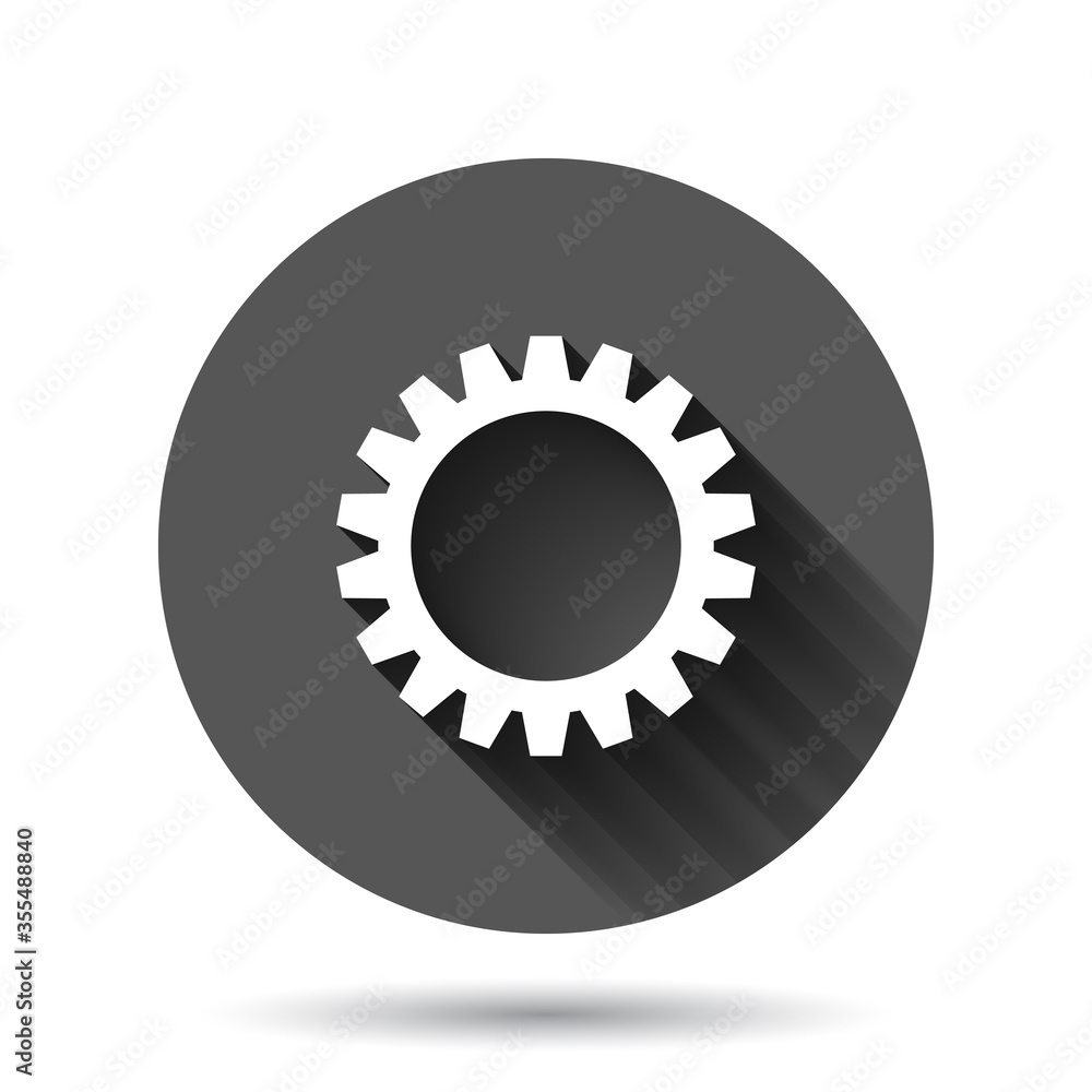 Gear vector icon in flat style. Cog wheel illustration on black round background with long shadow effect. Gearwheel cogwheel circle button business concept. Gear vector icon in flat style. Cog wheel illustration on black round background with long shadow effect. Gearwheel cogwheel circle button business concept.