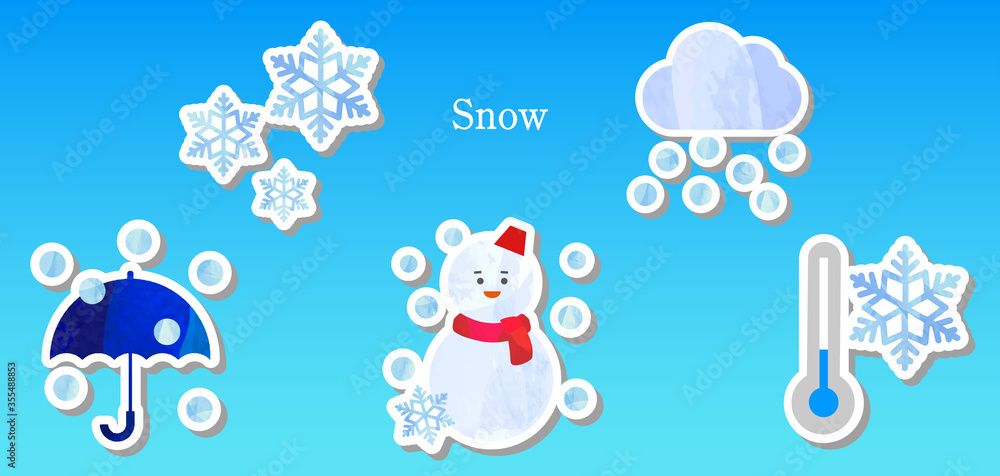 アートな切り抜き風の天気のイラストのセット、雪、雪だるま、雪の結晶