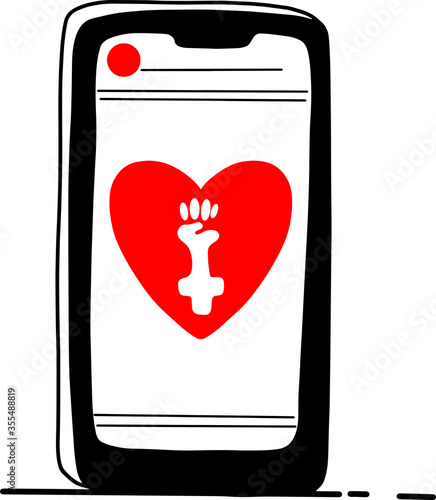 Vector flat illustration on the spread of feminism in social networks. Phone with the image of a symbol of the feminist movement and red heart