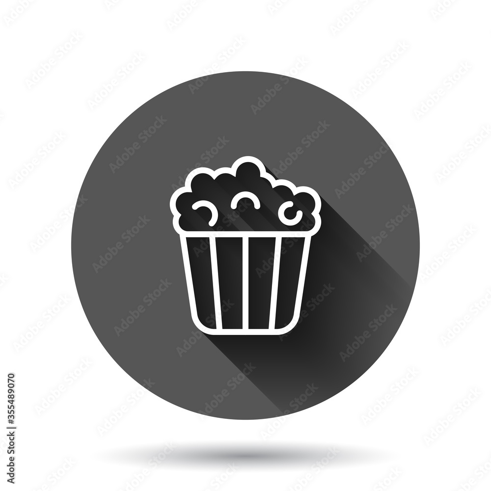Film icon in flat style. Popcorn vector illustration on black round background with long shadow effect. Pop corn bucket circle button business concept. Film icon in flat style. Popcorn vector illustration on black round background with long shadow effect. Pop corn bucket circle button business concept.