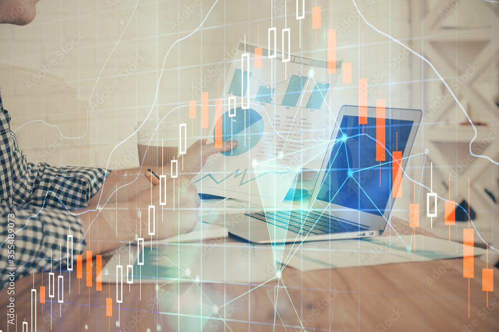 Multi exposure of financial graph with man works in office on background. Concept of analysis. Multi exposure of financial graph with man works in office on background. Concept of analysis.