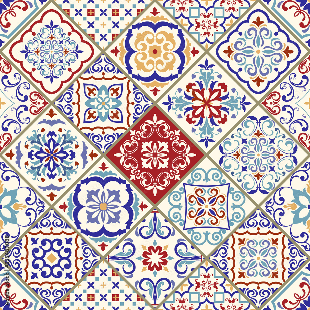 Seamless ceramic tile with colorful patchwork. Vintage multicolor pattern in turkish style. Endless pattern can be used for ceramic tile, wallpaper, linoleum, textile, web page background. Vector