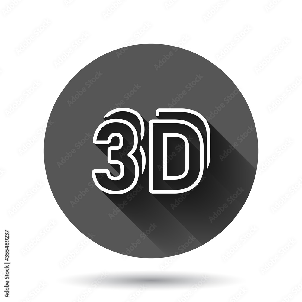 3d text icon in flat style. Word vector illustration on black round background with long shadow effect. Stereoscopic technology circle button business concept.