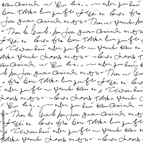 Handwritten abstract text vector seamless pattern, monochrome script isolated on white background
