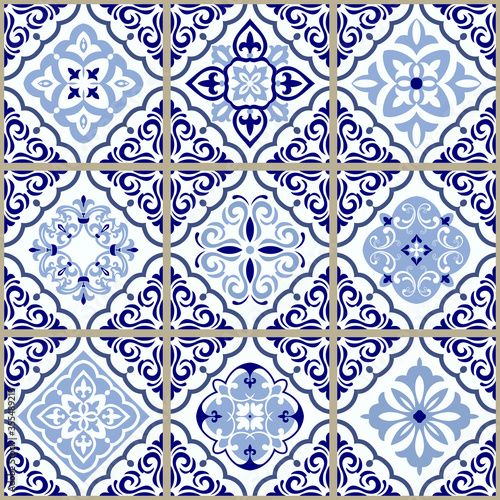 Vintage seamless pattern in Portugal style. Azulejo. Seamless patchwork tile in blue and white colors. Endless pattern can be used for ceramic tile, wallpaper, linoleum, textile, web page background