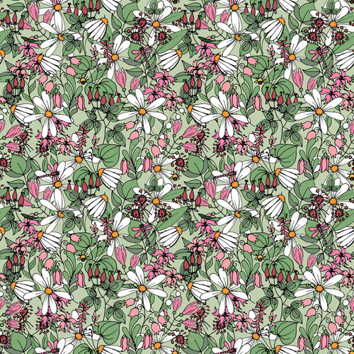 Wildflower daisies and pink flowers, summer blooming meadow with grass, flowers and insects, seamless vector illustration