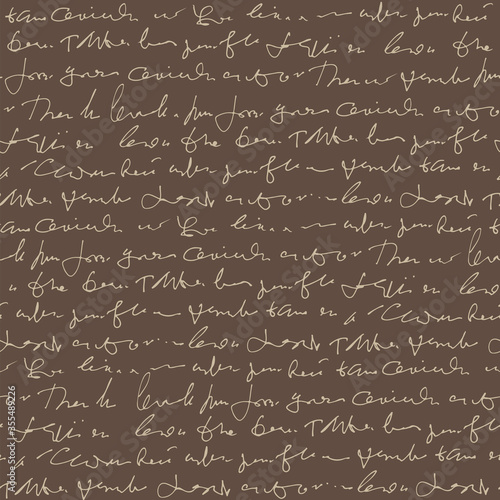 Handwritten abstract text vector seamless pattern, monochrome script isolated on brown background