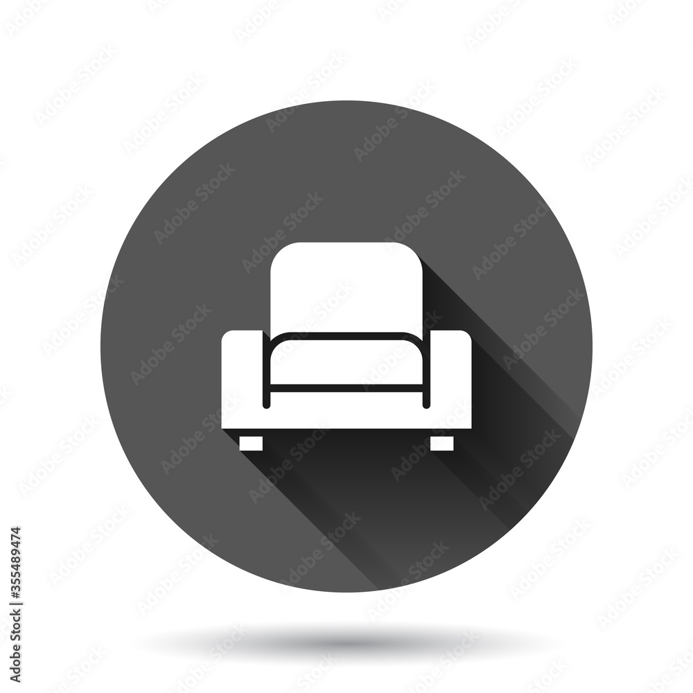 Cinema chair icon in flat style. Armchair vector illustration on black round background with long shadow effect. Theater seat circle button business concept. Cinema chair icon in flat style. Armchair vector illustration on black round background with long shadow effect. Theater seat circle button business concept.