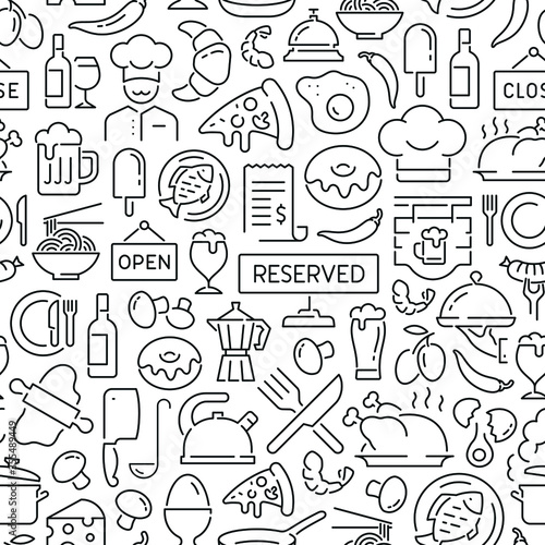 Seamless pattern with restaurant and food. Black and white thin line icons 