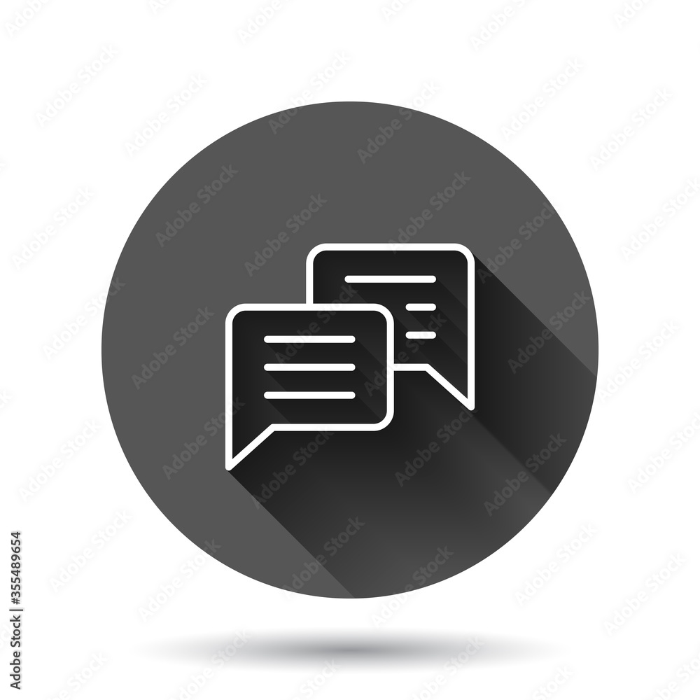 Speak chat sign icon in flat style. Speech bubbles vector illustration on black round background with long shadow effect. Team discussion circle button business concept. Speak chat sign icon in flat style. Speech bubbles vector illustration on black round background with long shadow effect. Team discussion circle button business concept.