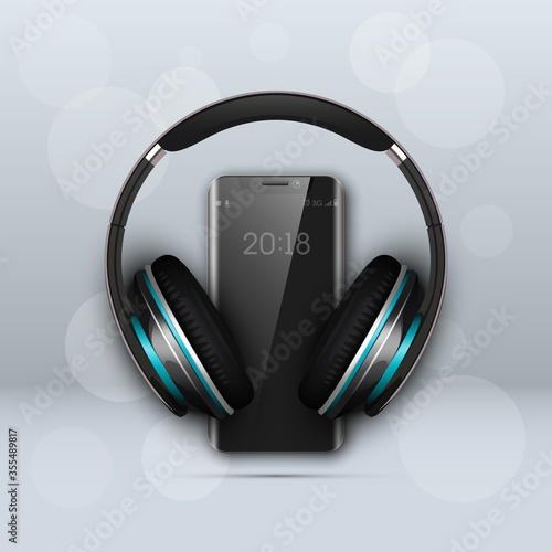 Image headphones on smartphone latest model background. Device for listening music on phone latest model background. Color stereo headphone for listening audio from phone. Banner earphones music party