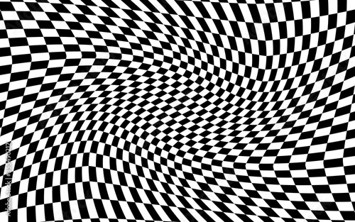 Black and white distorted checkered pattern background. Vector illustration of black and white squares. Torsion, twist, rotary deform, gyration, revolve checkerboard graphic. Racing finish flag.
