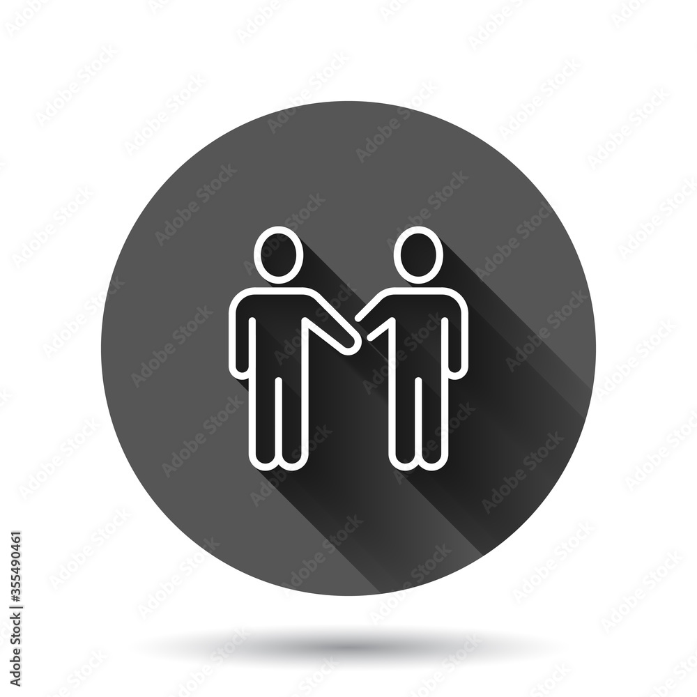 Greetings gesture icon in flat style. People handshake vector illustration on black round background with long shadow effect. Hand shake circle button business concept. Greetings gesture icon in flat style. People handshake vector illustration on black round background with long shadow effect. Hand shake circle button business concept.